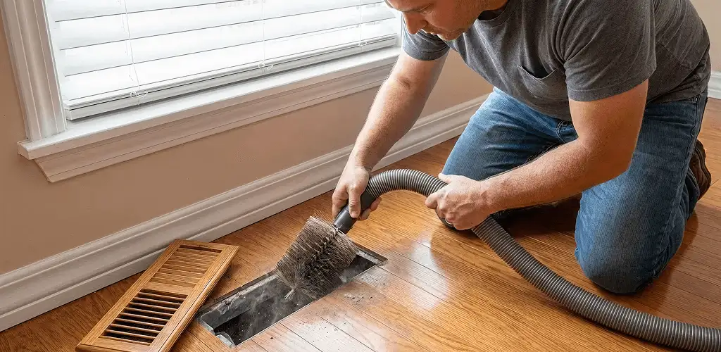 Air duct cleaning technician vacuuming a floor vent and duct opening in Syracuse, NY