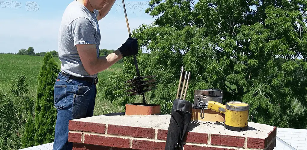 Chimney cleaning technician working on a rooftop chimney with professional tools in Syracuse, NY