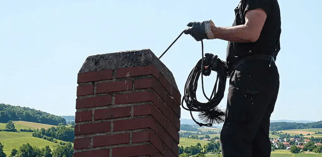 Chimney sweep inspecting and cleaning a rooftop chimney in Syracuse, NY