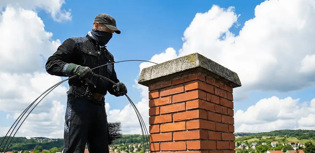 Chimney sweep cleaning a brick chimney with professional tools in Syracuse, NY