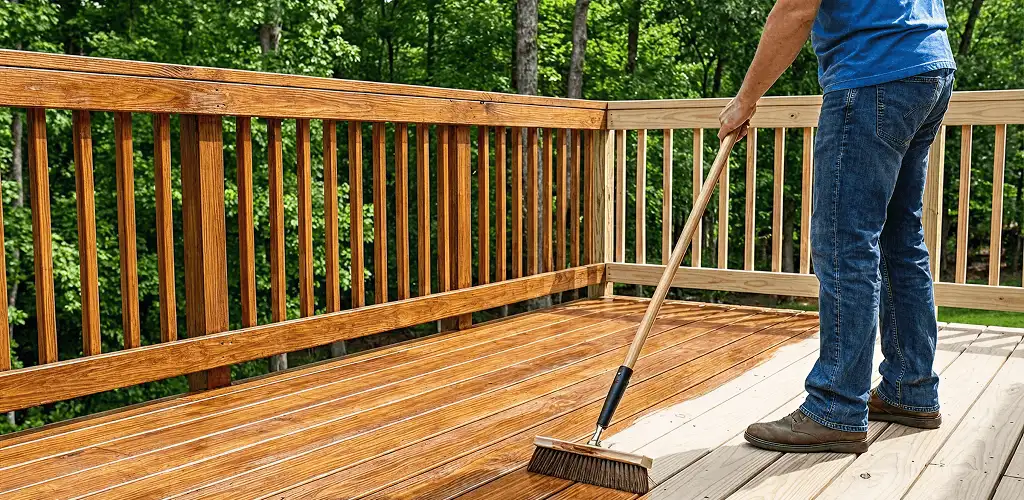 Deck staining and sealing application on a wood deck in Syracuse, NY