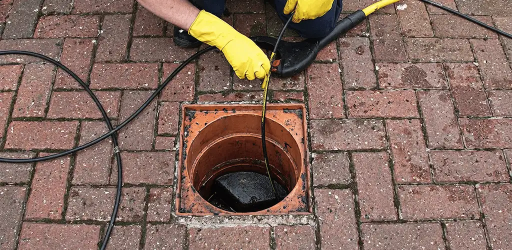 Drain cleaning technician using a drain snake to clear a clogged drain in Syracuse, NY