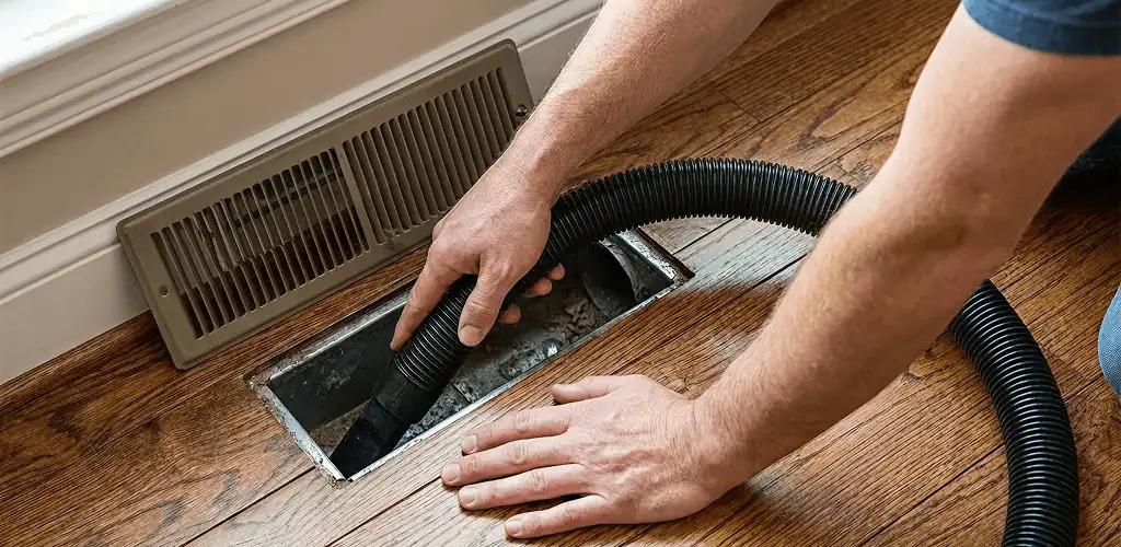Air duct cleaning technician vacuuming a floor register and duct opening in Syracuse, NY