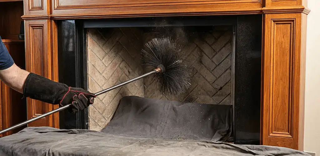Chimney cleaning service brushing soot from a fireplace and flue in Syracuse, NY