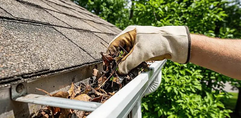 Gutter cleaning removing leaves and debris from roof gutters in Syracuse, NY