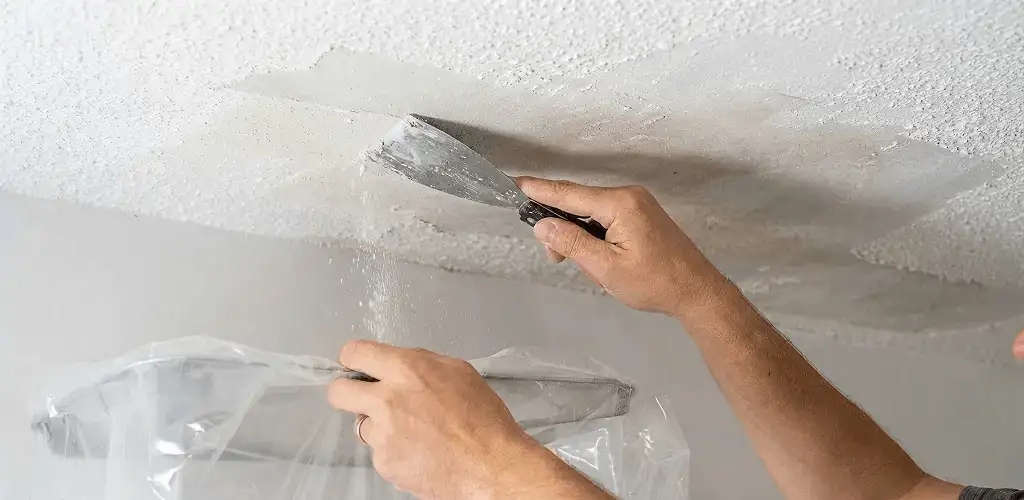 Popcorn ceiling removal technician scraping texture from a ceiling in Syracuse, NY