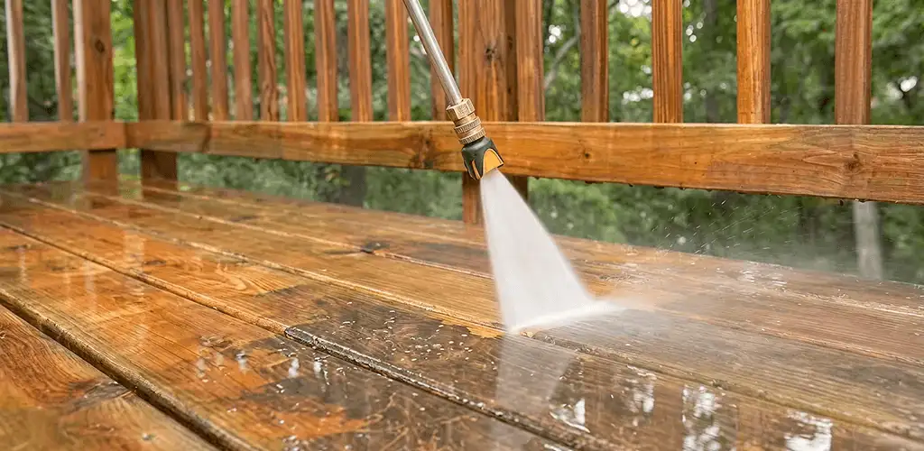 Pressure washing a wood deck to remove dirt and buildup in Syracuse, NY