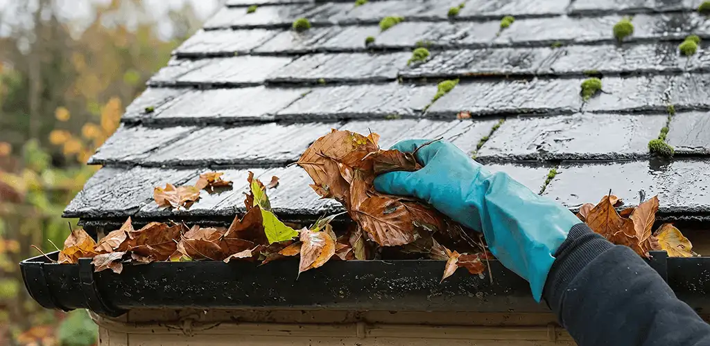 Gutter cleaning technician clearing wet leaves from roof gutters in Syracuse, NY