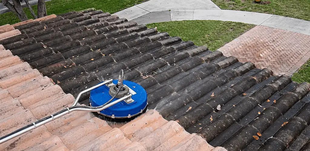 Roof pressure cleaning removing debris and buildup from roof tiles in Syracuse, NY