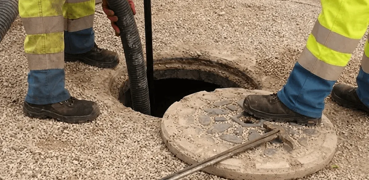 Drain cleaning crew clearing a sewer access point with professional equipment in Syracuse, NY