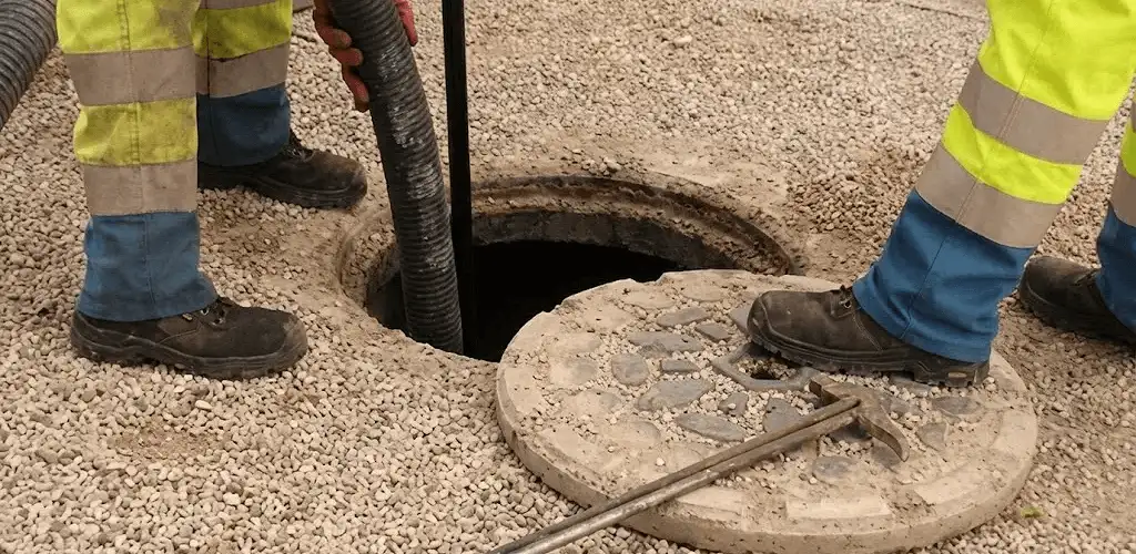Drain cleaning crew clearing a sewer access point with professional equipment in Syracuse, NY