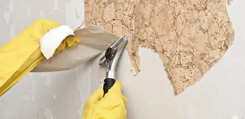 Wallpaper removal service stripping old wallpaper from a wall in Syracuse, NY
