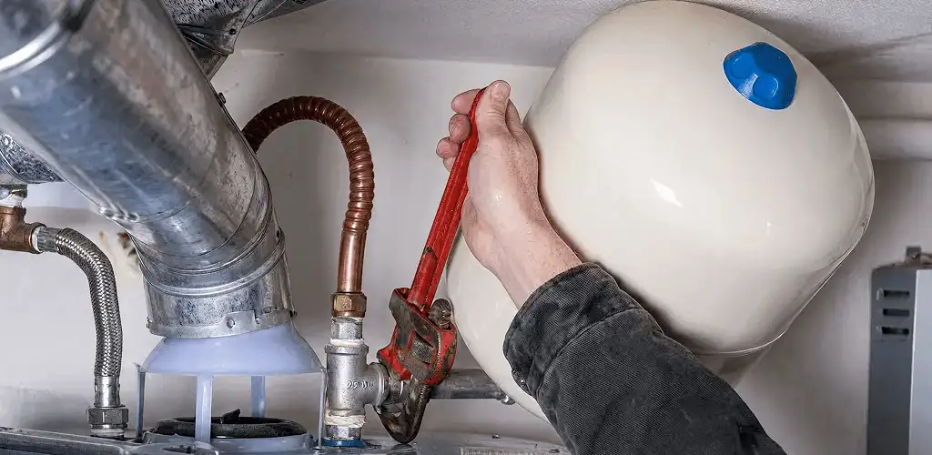 Water heater repair technician tightening plumbing connections near a tank unit in Syracuse, NY